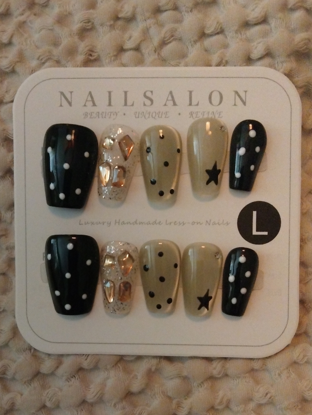 NailSalon Size L Press-On Nail Set — Polka Dots w/Gold Accents 💅